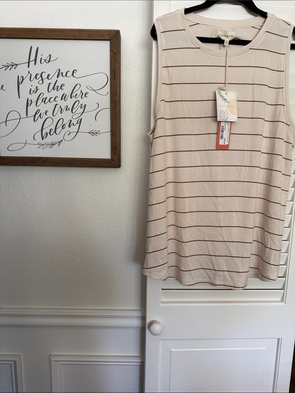 Thread & Supply Cream Tank with Thin Maroon Stripes